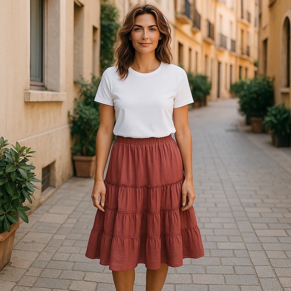LOFT Women's Brick Red Tiered Midi Skirt - Picture 2 of 5